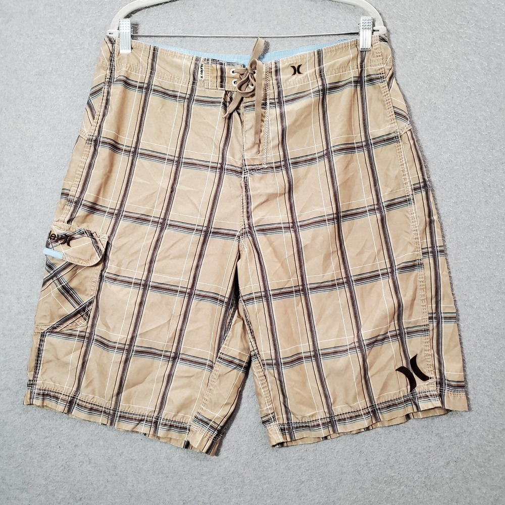 Hurley Men Swimwear 34 Brown Plaid Straight Trunk Cargo Pocket 11" Inseam